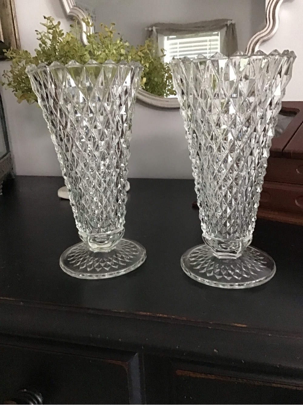 Indiana Glass Clear Diamond-Pattern Pressed Glass Pedestal Vases - Pair (Clear)